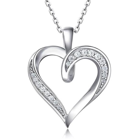 Silver Love Heart Necklace 925 Sterling Silver Platinum Plated Round - Picture 7 of 7